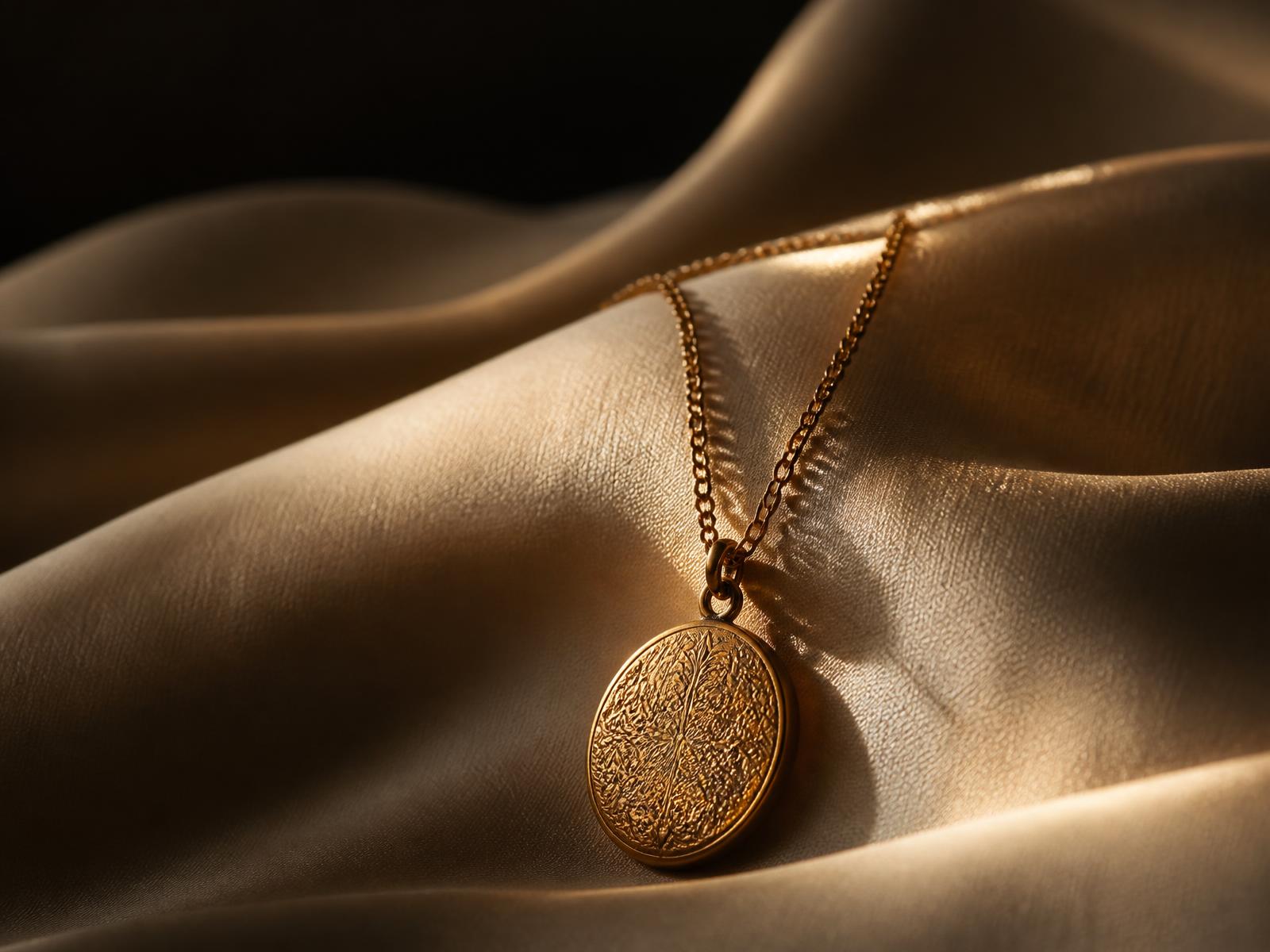 Gold engraved memorial pendant resting on silk